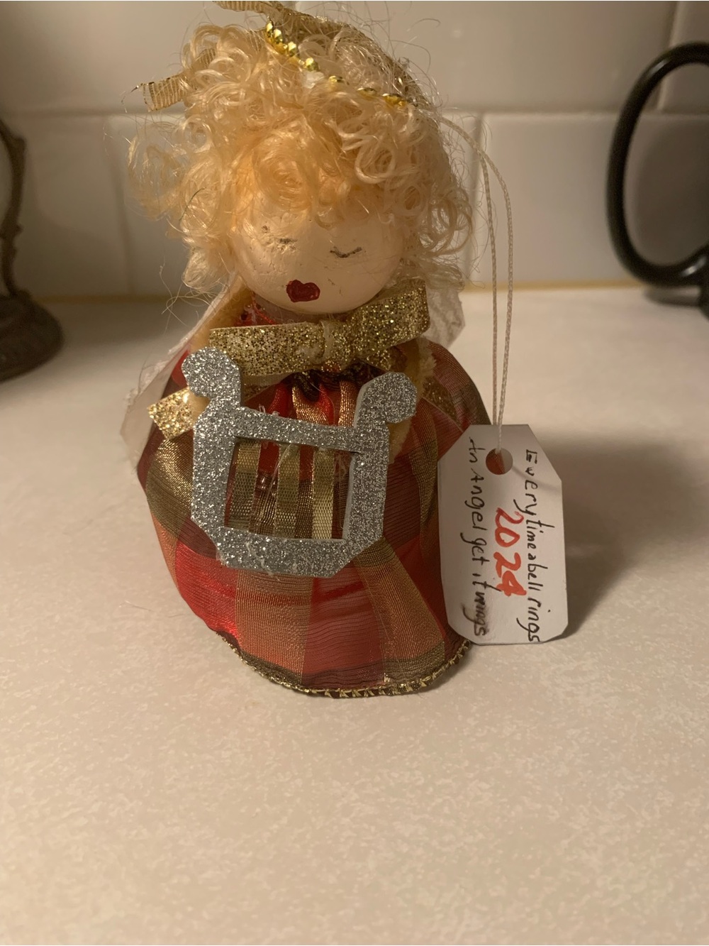 Handcrafted Holiday Angel Ornament in Red and Gold - 2024